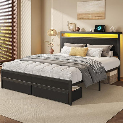 HISOFT Queen Bed Frame with Storage, Wood Headboard with Fast Charging Station, LED Lights, Platform Bed Frame Queen Size, Fabric Drawers with Wheels, No Box Spring Needed, Noise Free, Black
