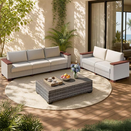 PaPaJet 5-Piece Wicker Patio Furniture Set with Solid Wood Armrest, Outdoor Patio Set with Thick Legs, UV-Resistant Modular Outdoor Sectional Sofa for Backyard, Porch, Garden