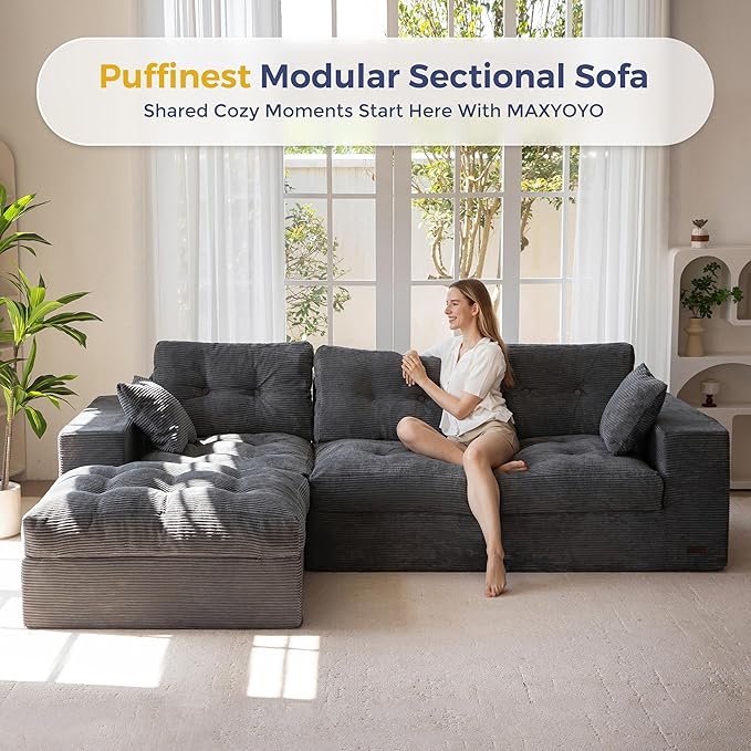 MAXYOYO 104" L Shaped Modular Sectional Sofa with Ottoman, Cloud Boneless Couch with Layered Cushion, Upholstered Sofa Flexible Module Combination for Living Room, No Assembly, Dark Grey