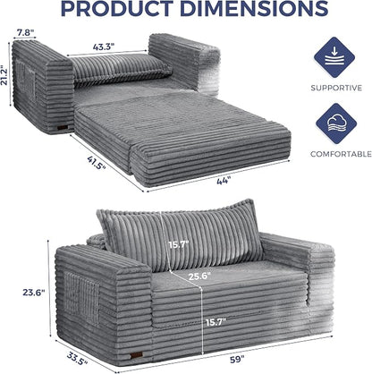 MAXYOYO Convertible Sofa Bed, 2 in 1 Folding Couch Bed for Small Space, Pull Out Loveseat Sofa Couch with Large Back Pillow, Plush Faux Fabric Lounge Couch for Living Room, Apartment, Grey