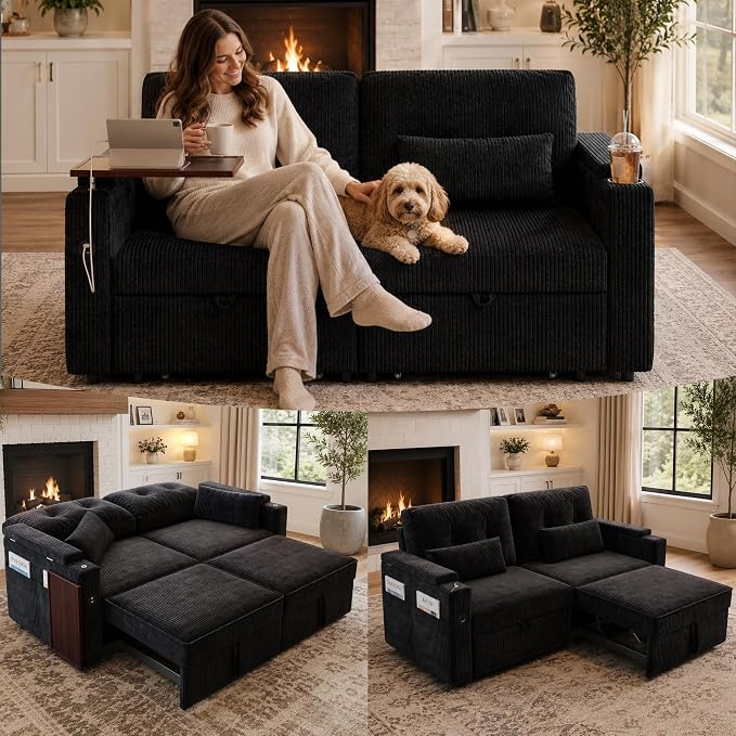 73" Queen Size Sofa Bed, Loveseat Sleeper Sofa with Pull Out Bed, 360° Swivel Table and USB, Modern 2 Seater Convertible Corduroy Couch for Living Room Bedroom Apartment, Black