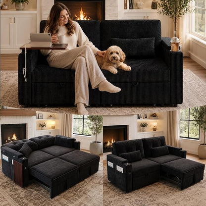 73" Queen Size Sofa Bed, Loveseat Sleeper Sofa with Pull Out Bed, 360° Swivel Table and USB, Modern 2 Seater Convertible Corduroy Couch for Living Room Bedroom Apartment, Black