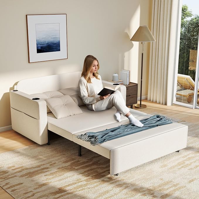 Krcix 3 in 1 Sofa Bed, 56 Inch Convertible Pull Out Couch, Loveseat Sleeper Sofa with Cup Holders, USB, Side Pockets, Multi-Function Couch Bed for Living Room, Apartment, Beige