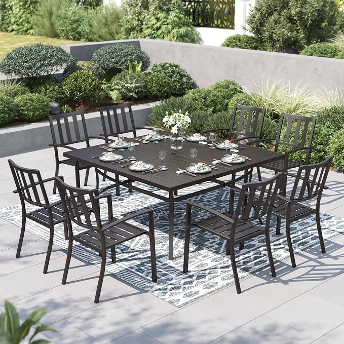 PHI VILLA 9 Pieces Outdoor Dining Set for 8, 57.5” Square Black Metal Table with Umbrella Hole & Stackable Iron Chairs, Large Outside Furniture Set for Patio, Deck, Yard, Porch