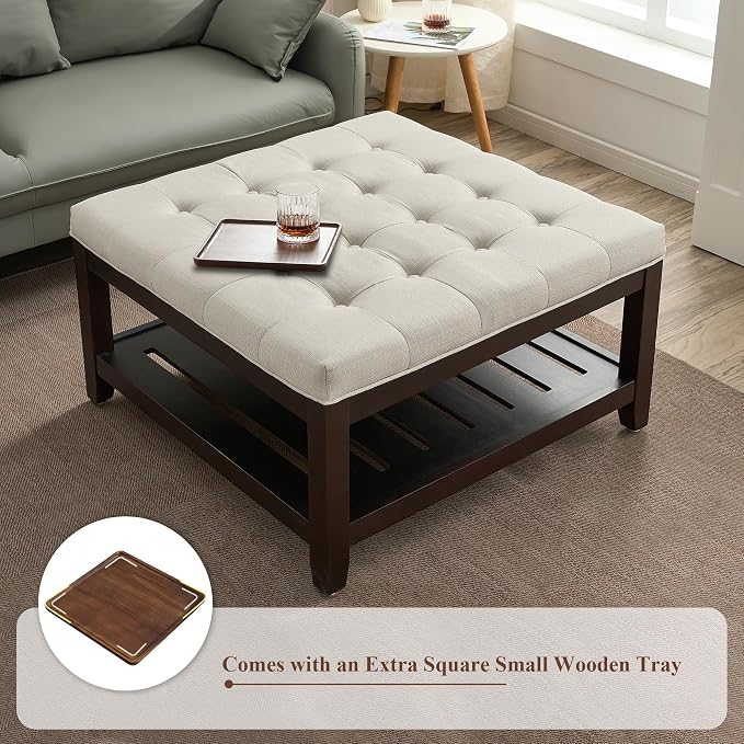 adochr 33'' Large Square Ottoman Coffee Table with Storage, Upholstered Button Tufted Footrest Ottoman with Solid Wooden Tray,Coffee Table for Living Room, Beige