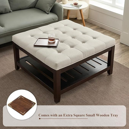 adochr 33'' Large Square Ottoman Coffee Table with Storage, Upholstered Button Tufted Footrest Ottoman with Solid Wooden Tray,Coffee Table for Living Room, Beige