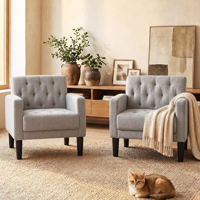 TYBOATLE Accent Chairs Set of 2 Comfy Living Room Chair Tufted Mid Century Modern Accent Chair, Cozy Upholstered Reading Arm Chair for Office, Bedroom (Light Grey, Set of 2)
