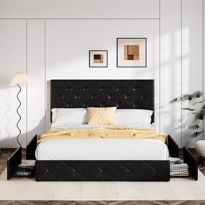 Allewie Upholstered Full Size Platform Bed Frame with 4 Storage Drawers and Headboard, Diamond Stitched Button Tufted, Mattress Foundation with Wooden Slats Support, No Box Spring Needed, Black