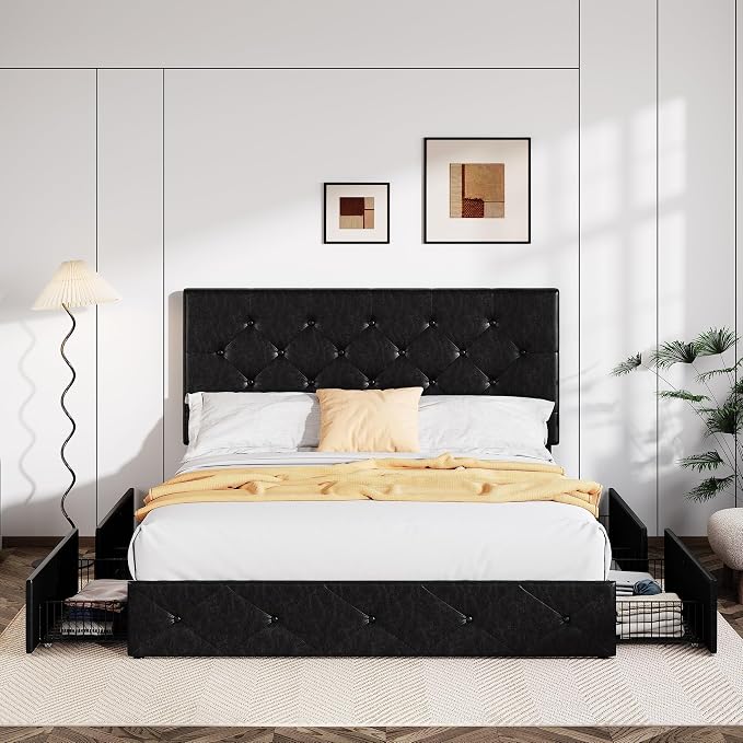 Allewie Upholstered Queen Size Platform Bed Frame with 4 Storage Drawers and Headboard, Diamond Stitched Button Tufted, Mattress Foundation with Wooden Slats Support, No Box Spring Needed, Black