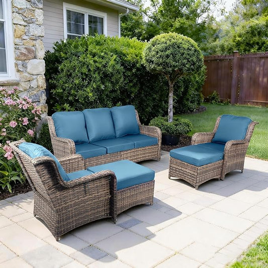 Outdoor Patio Furniture Set, 33" High Back Chairs with 4" Thick Cushions, 5 Pieces Outdoor Seating Furniture, Sectional Sofa Set with 2 Chairs,2 Ottomans and 1 Sofa for Porch Deck Garden, Peacock Blue