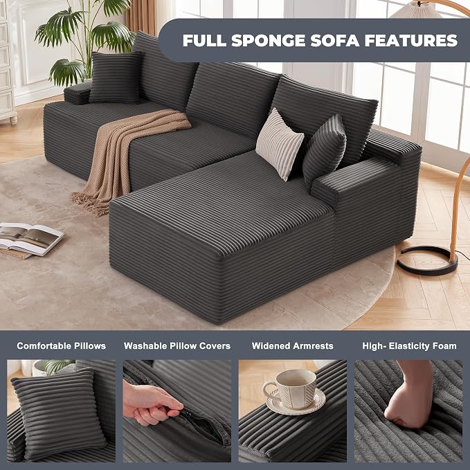Mangodan Cloud Sectional Sofa, Boneless Couch for Living Room, Modular Sectional Sofa with Deep Seat, Fluffy L-Shaped Comfy Couch with Right-Facing Chaise, No Assembly Required, Grey