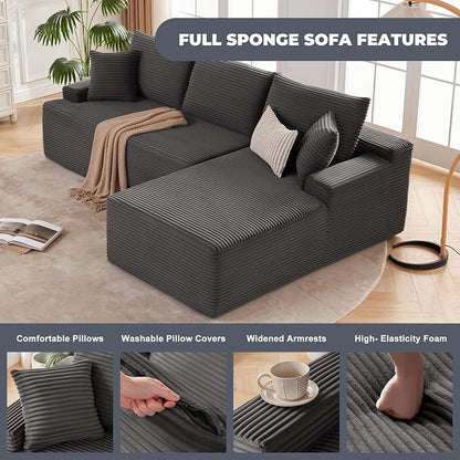 Mangodan Cloud Sectional Sofa, Boneless Couch for Living Room, Modular Sectional Sofa with Deep Seat, Fluffy L-Shaped Comfy Couch with Right-Facing Chaise, No Assembly Required, Grey
