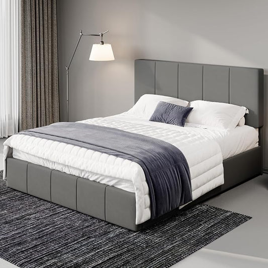 Allewie Queen Size Dutch Velvet Upholstered Platform Bed Frame/Vertical Channel Tufted Adjustable Headboard/Low Profile Bed Frame/No Box Spring Needed/Easy Assembly/Grey