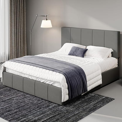 Allewie Full Size Dutch Velvet Upholstered Platform Bed Frame/Vertical Channel Tufted Adjustable Headboard/Low Profile Bed Frame/No Box Spring Needed/Easy Assembly/Grey