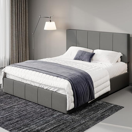Allewie Full Size Dutch Velvet Upholstered Platform Bed Frame/Vertical Channel Tufted Adjustable Headboard/Low Profile Bed Frame/No Box Spring Needed/Easy Assembly/Grey
