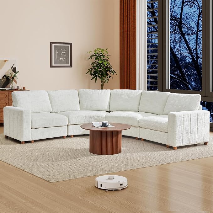 ORRD Curved Sectional Sofa, Convertible L Shaped Couch with Deep Seat, Boucle Modular Sectional Sofa with Pillows, Curved Chenille Comfy Corner 4 Seat Couch for Living Room, White