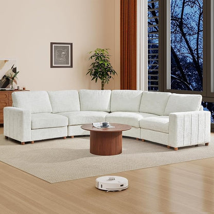 ORRD Curved Sectional Sofa, Convertible L Shaped Couch with Deep Seat, Boucle Modular Sectional Sofa with Pillows, Curved Chenille Comfy Corner 4 Seat Couch for Living Room, White