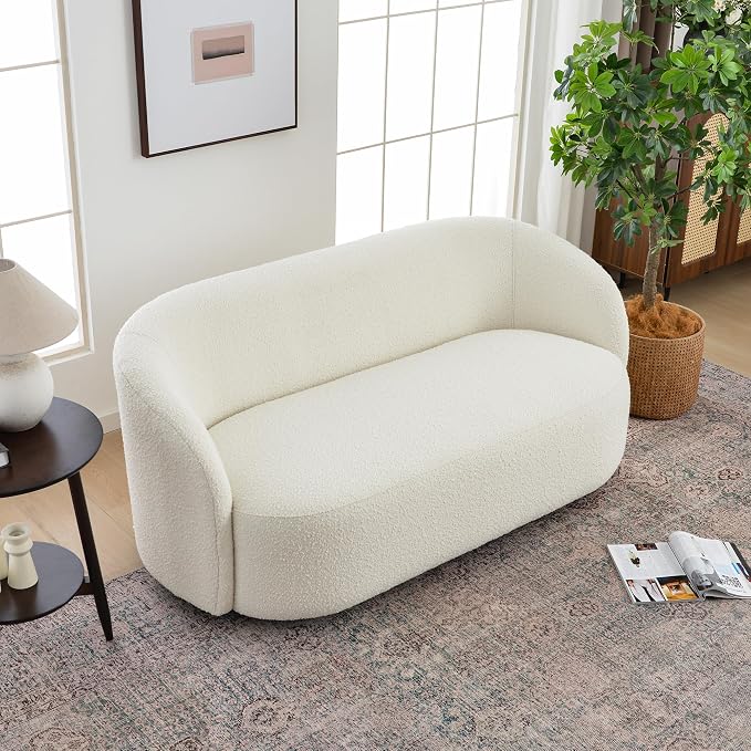 KINWELL 68" Boucle Upholstered Loveseat Sofa with Set of 2 Swivel Barrel Accent Chairs, Minimalist Comfy 2-Seater Couch and 2 Sherpa Armchairs for Small Spaces Apartment, Cream
