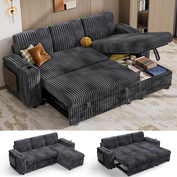 Vipbear 86" Modular Sectional Sleeper Sofa with Pull Out Bed, 3 Seat Plush Corduroy L Shaped Couch with Storage Chaise|USB Ports|Cup Holders|Side Table|Storage Armrests, Tool Free Assembly, Grey