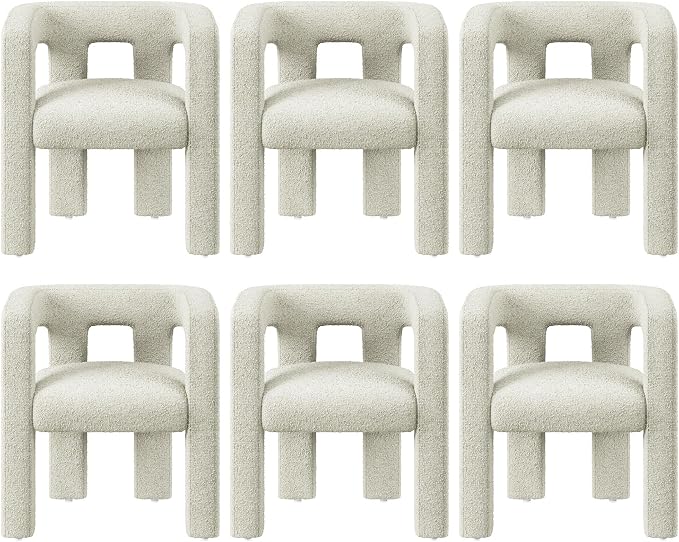 BELLEZE Modern Boucle Barrel Dining Chair Set of 6, Upholstered Linen Kitchen Boucle Armchair with Sidearms and Back, for Dining Room Living Room- Cream