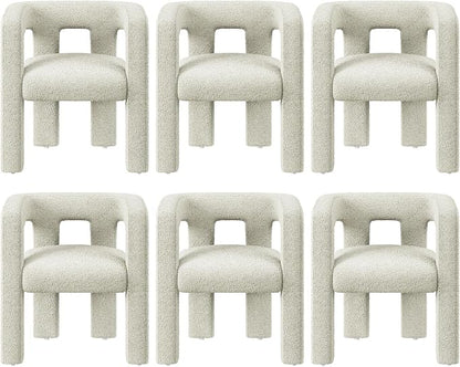 BELLEZE Modern Boucle Barrel Dining Chair Set of 6, Upholstered Linen Kitchen Boucle Armchair with Sidearms and Back, for Dining Room Living Room- Cream