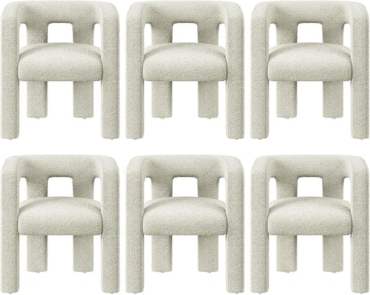 BELLEZE Modern Boucle Barrel Dining Chair Set of 6, Upholstered Linen Kitchen Boucle Armchair with Sidearms and Back, for Dining Room Living Room- Cream