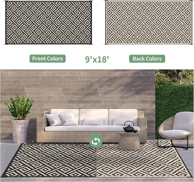 GENIMO Outdoor Rug for Patio Clearance, 9'x18' Waterproof Camping Mat, Reversible Plastic Straw Rugs for RV, Camper, Balcony, Backyard, Picnic, Deck (Black & Beige)