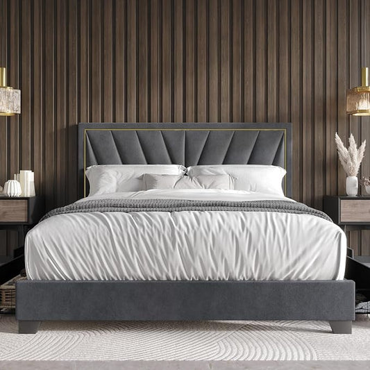 HOME DESIGN Valdez King Size Upholstered Storage Platform Bed Frame, Velvet Fabric, Channel Tufted Headboard, 4 Drawers, No Box Spring Needed, Dark Gray