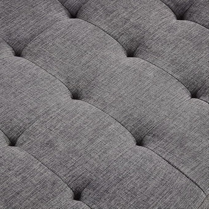 24KF Large Square Upholstered Tufted Linen Ottoman Coffee Table, Large Footrest Ottoman with Solid Wood Shelf-Dark Gray