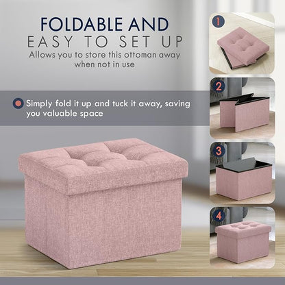 Ornavo Home Small Storage Ottoman, Set of 2, Foldable Collapsible Rectangle Linen Ottoman Foot Rest Stool Seat, for Living Room, Bedroom, Home Office, Dorm - 12 x 16 x 12, Pink