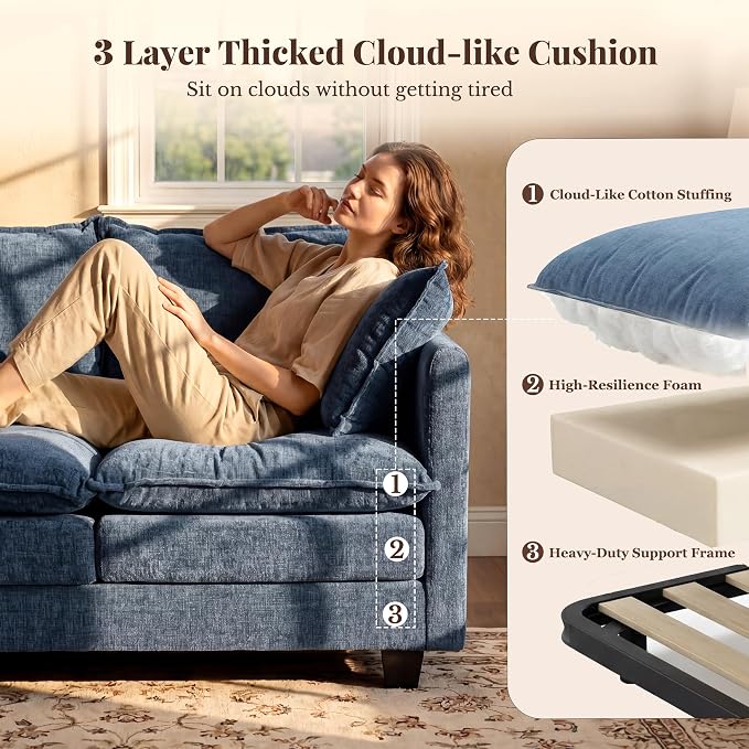 Loveseat Sofa with Ottoman, Cloud 3-Layer Cushion, 27" Deep Seat Love Seat Small Couch with 2 Pillows for Small Spaces, Bedroom, Apartment, Office, Living Room, in a Box, 50-Inch Blue