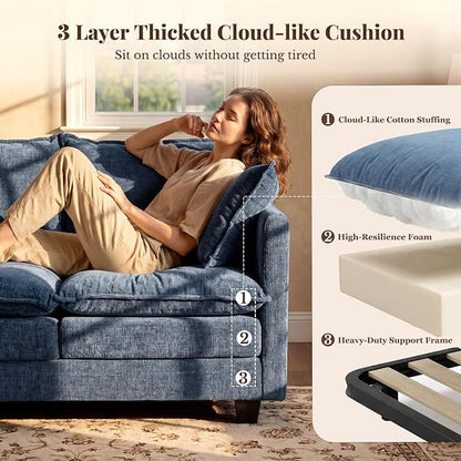 Loveseat Sofa with Ottoman, Cloud 3-Layer Cushion, 27" Deep Seat Love Seat Small Couch with 2 Pillows for Small Spaces, Bedroom, Apartment, Office, Living Room, in a Box, 50-Inch Blue