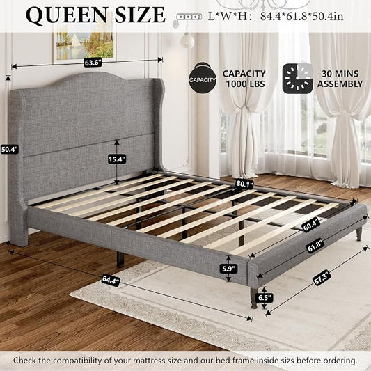Queen Size Upholstered Platform Bed Frame, Light Grey | 50.4" Tall Wingback Headboard, Arched Tufted Design, No Box Spring Needed, 1000lbs Heavy Duty Support, Easy Assembly
