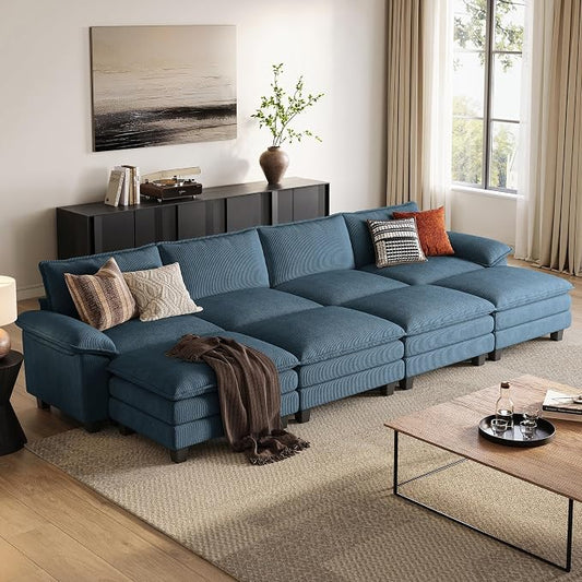 LINSY HOME 157'' Modular Sectional Sofa 4 Seat Couch Corduroy Cloud Couch with Deep Seat, Modern Cloud Couch with 4 Movable Ottoman for Living Room, Office, Bedroom, Blue