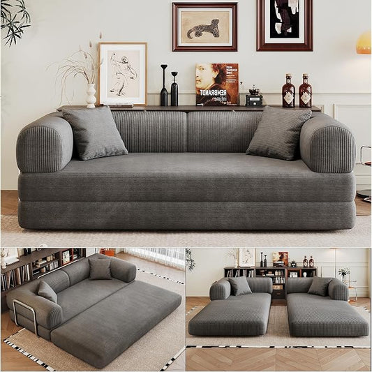 JINGLING 79" Queen Sleeper Sofa Bed with Memory Foam, Compressed Couch in a Box, Foldable Convertible Small Couches for Small Spaces Bedroom Game Room, Corduroy Fabric, Grey