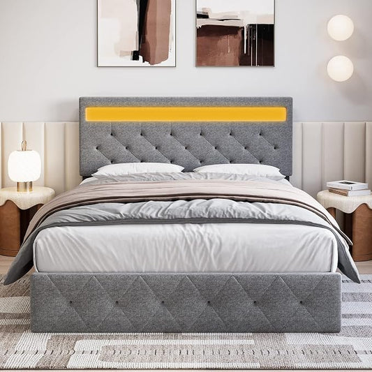 IDEALHOUSE Full Size Bed Frame, LED Bed Frame with Fast-Charging USB Port, Upholstered Platform Bed Frame with Adjustable Headboard, Strong Support Slats, Noise Free, Easy Assembly, Gray