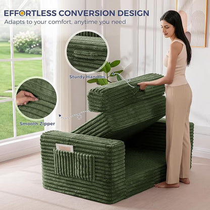 MAXYOYO Convertible Sofa Bed, 2 in 1 Folding Couch Bed for Small Space, Pull Out Loveseat Sofa Couch with Large Back Pillow, Plush Fabric Lounge Couch for Living Room, Apartment, Dark Green