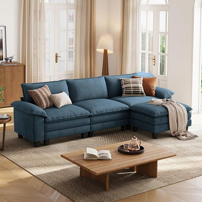 LINSY HOME 123'' Modular Sectional Sofa 3 Seat Couch Corduroy Cloud Couch with Deep Seat, Modern L-Shaped Cloud Couch with 1 Movable Ottoman for Living Room, Office, Bedroom, Blue