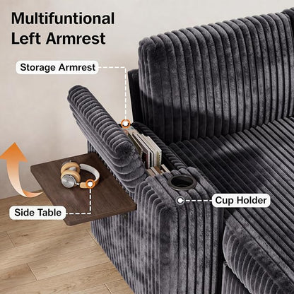 WEUP 111" Modular Sectional Sleeper Sofa with Pull Out Bed, 7 Seat Plush Corduroy L Shaped Couch with Storage Chaise|USB Ports|Cup Holders|Side Table|Storage Armrests, Tool Free Assembly, Grey