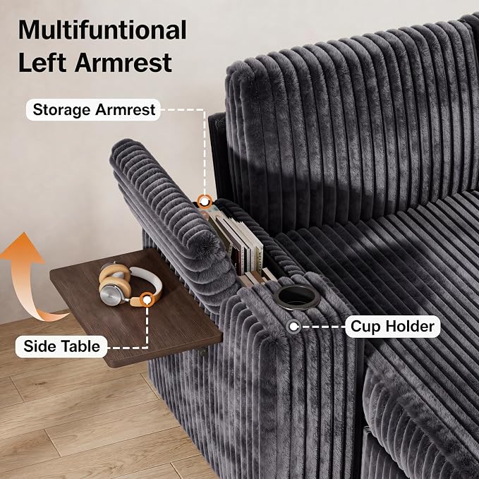 WEUP 86" Modular Sectional Sleeper Sofa with Pull Out Bed, 3 Seat Plush Corduroy L Shaped Couch with USB Ports|Cup Holders|Side Table|Storage Chaise Armrests, Tool Free Assembly, Grey