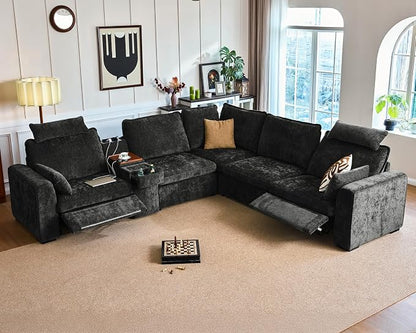 Oversized Modular Sectional Sofa with Double Power Recliner, Cloud Reclining Couch with Headrest, Storage Drawer Charging Cup Holders, Deep L-Shaped 6 Seater with Corner, Chenille, Black