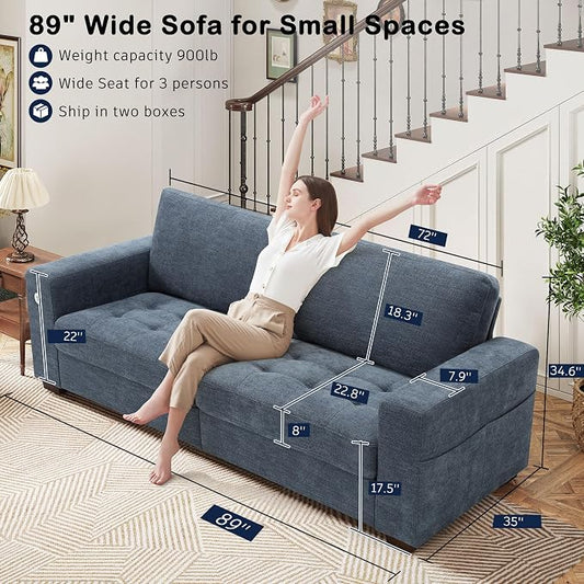 Hanherry 89" Sofa for Living Room, Modern Comfy Couch with Medium Firm Seat Cushion, Removable Cover,Wide Armrest,USB/Type-C Port,Chenille Fabric Couches for Small Space,Apartment