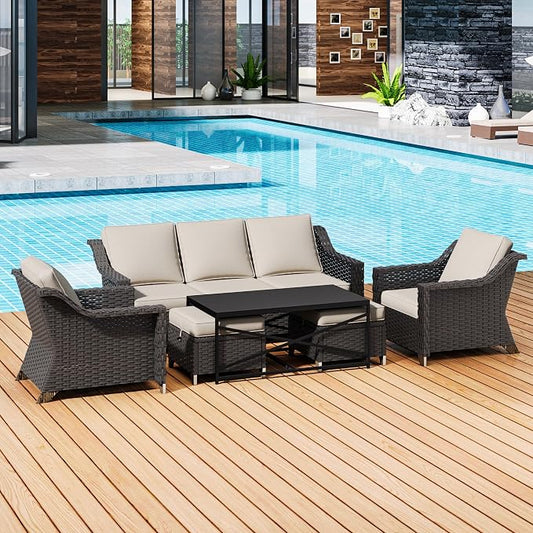 6 Pieces Outdoor Conversation Furniture Set - 77" Patio Sofa, 2 Armchairs, 2 Ottomans, 1 Metal Table, Patio Wicker Couch Set with Washable Cushions for Swimming Pool (Beige)