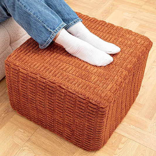 Asuprui Round Square Pouf Ottoman Foot Rest – Lightweight Modern Footstool with Plush Foam Filling, Perfect for Living Room Decor & Cozy Comfort – 20x20x14 Inch Chic Accent Piece (Burnt Orange)
