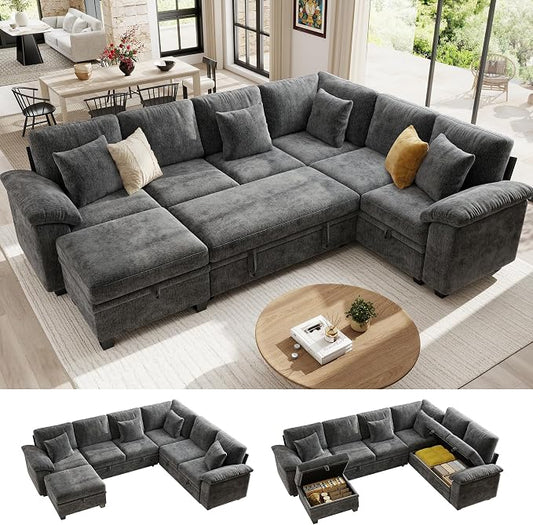 Ihanherry 108" Modular Sectional Sofa with Pull Out Bed, 7-Seater L Shaped Sectional Sleeper Couch with Storage, Chenille Convertible Couches for Living Room, Apartment (Grey)
