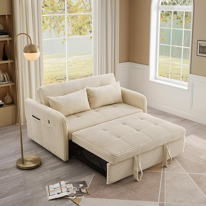 55.5" Corduroy Convertible Sofa Bed, Pull Out Sleeper Sofa Bed, Loveseat Couch with USB Charging Ports, 3 in 1 Convertible Sleeper Sofa Bed for Living Room, Apartment, Bedroom, RV, Beige