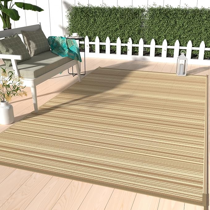 GENIMO Outdoor Rug for Patio Clearance, 6'x9' Reversible Plastic Straw Rugs, Lightweight Waterproof RV Camping Mat for Camper, Balcony, Deck, Backyard, Picnic, CoffeeBeige