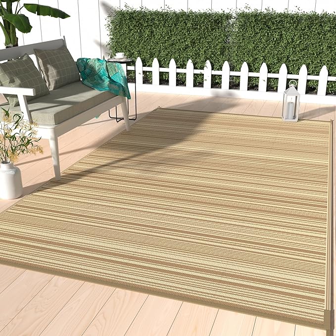 GENIMO Outdoor Rug for Patio Clearance, 5'x8' Reversible Plastic Straw Rugs, Lightweight Waterproof RV Camping Mat for Camper, Balcony, Deck, Backyard, Picnic, CoffeeBeige