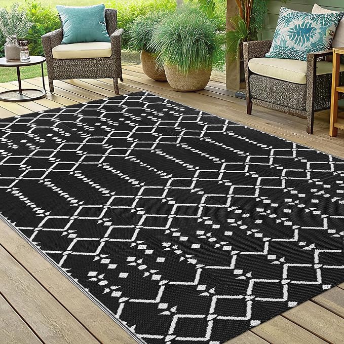 Smiry Outdoor Rug 5x8 ft, Waterproof Reversible Plastic Straw Rugs, Boho Outdoor Area Rug, Outside Floor Mat for Patio, Backyard, Deck, Picnic, Beach, Camping, Black
