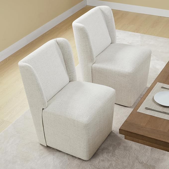 KISLOT Upholstered Dining Chairs Set of 2 with Casters, Wingback Modern Side Armless Deskchair with Rollers for Diningroom Bedroom Livingroom Reading Room, Linen Fabric